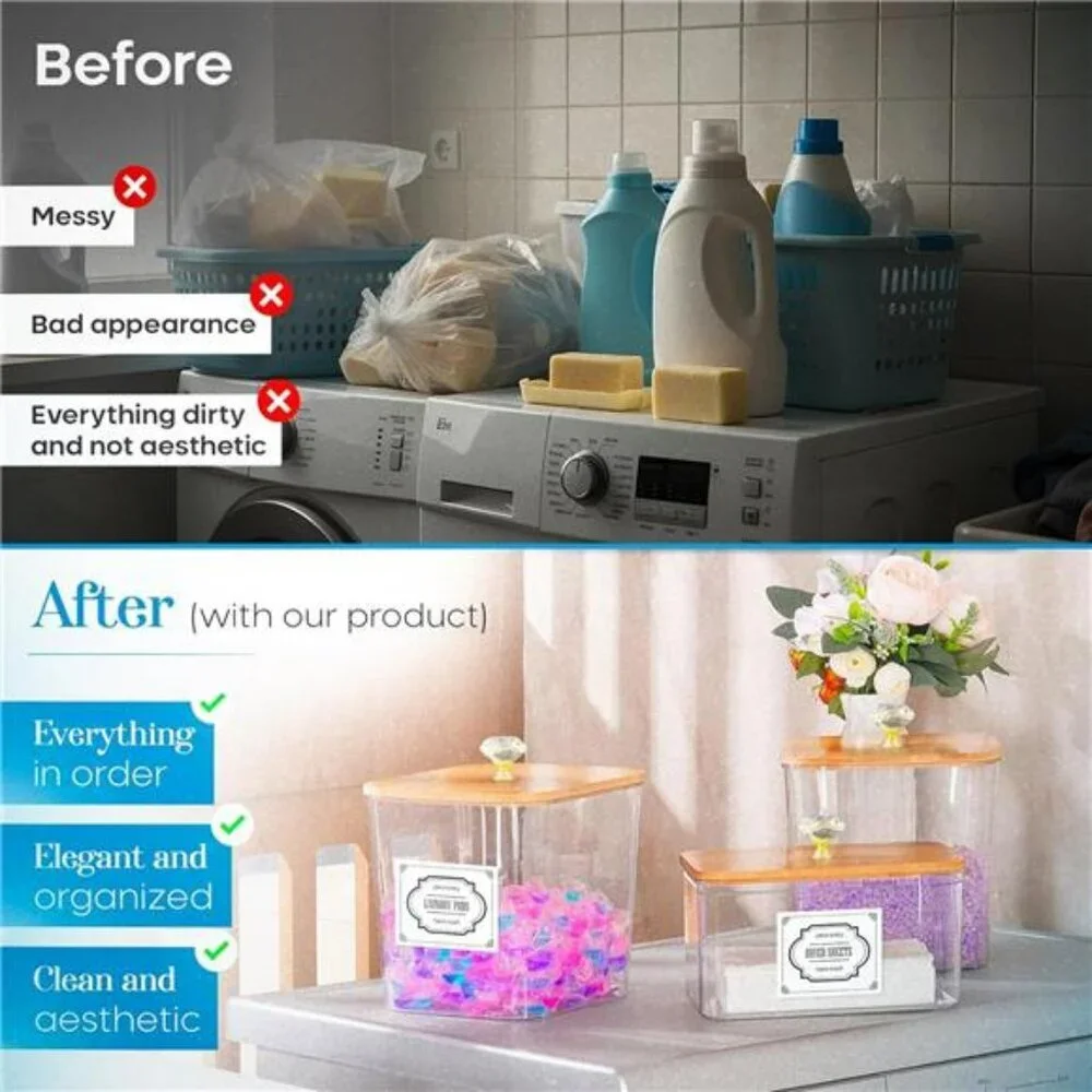 Laundry detergent dispenser set with pods container dryer sheet holder storage